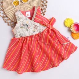 Many frocks & Georgette Woven Sleeveless Floral Embroidered Leheriya Printed Dress - Peach-image-93