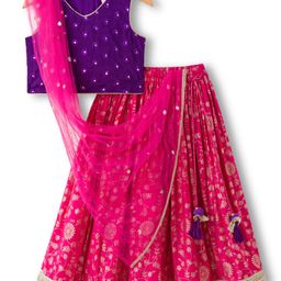 Babyhug Brocade Woven Sleeveless Choli Lehenga & Dupatta Set With Floral Print & Embroidered - Fuschia-picture-48