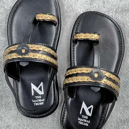 The Madras Trunk Lace Detailed Kolhapuri Sandals - Black & Golden-picture-9