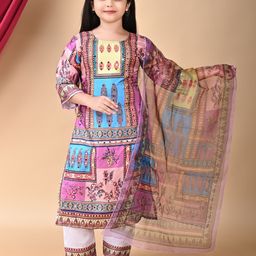 BARKAT DESIGNING PLANET Girls Floral Printed Round Neck Silk Party Dress-13