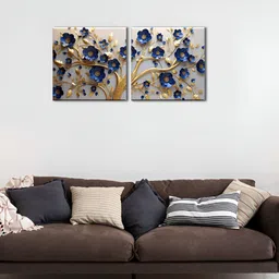 OLIVE TREE Brown & Blue 2 Pieces Floral Wooden & Canvas Wall Arts-image-53