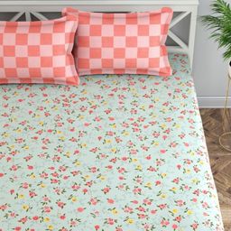 Florida Sea Green & Pink Floral 200 TC Queen Bedsheet with 2 Pillow Covers-7