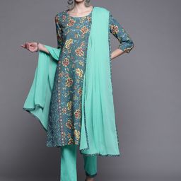 Biba Women Blue & Yellow Floral Print Pure Cotton Kurta with Trousers & Dupatta-picture-36