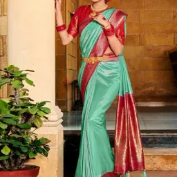 Saree Mall Blue & Red Woven Saree With Unstitched Blouse-image-101