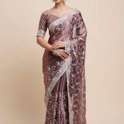 Saree Mall Purple Embroidered Saree With Unstitched Blouse-picture-3