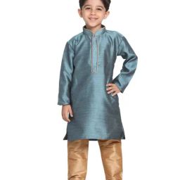 VASTRAMAY Kids Azure & Rose Gold Self Pattern Kurta Set-image-70