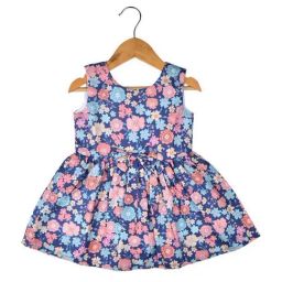 poplins Kids Blue & Pink Cotton Floral Print Frock Dress-picture-5
