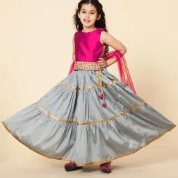 A.T.U.N. Kids Fuchsia Pink & Grey Regular Fit Lehenga Cholis-image-99