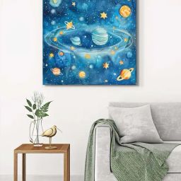 999Store Blue Canvas Cosmic Galaxy Planets Wrapped Painting-4