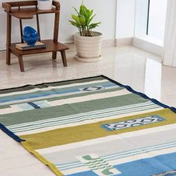 Cool And Calm Nomadic Cotton And Wool Blue Woven Rug - 4.8Ft X 6.5Ft-37