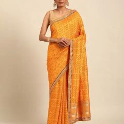 Mohey Mustard Yellow Embroidered Saree with Blouse Piece-picture-26