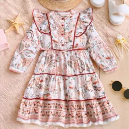 Bella Moda Girls Red Cotton Three Fourth Sleeves Floral Printed Dress-image-72