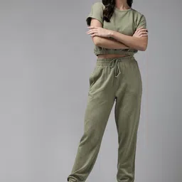 Roadster Women Olive Solid Cropped Blouson Top with Relaxed Joggers-image-65