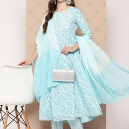KALINI Pure Cotton Floral Printed Anarkali Kurta With Trousers & With Dupatta-picture-1