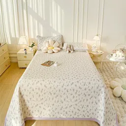 JC HOME White & Purple Floral Printed 162 TC Double XL Bed Cover & 2 Pillow Covers-image-97
