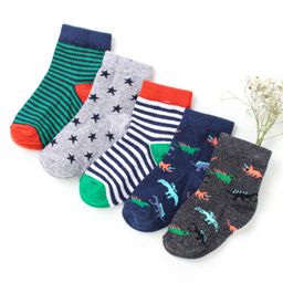Cutewalk By Babyhug Anti Bacterial Ankle Length Non Terry Socks Dino Design Pack of 5 - Multicolour-image-130
