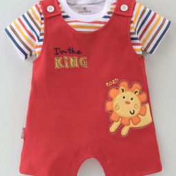 Child World Cotton Interlock Knit Lion Embroidered Dungaree Style Romper with Half Sleeves Inner Tee - Red-image-24