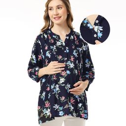 Bella Mama 100% Viscose Woven Three Fourth Sleeves Maternity Top with Pocket & Floral Print - Navy Blue-picture-25