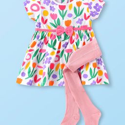 Babyhug Single Jersey Knit Half Sleeves Frock With Floral Print & Stocking - White-image-5