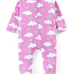 Babyhug Cotton Knit Full Sleeves Sleep Suit With Floral & Clouds Print - Pink-image-94