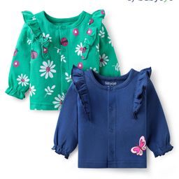 Babyoye Cotton Knit Frill Detailing Full Sleeves Jhablas with Floral Print Pack of 2 - Green & Olive Blue-image-134