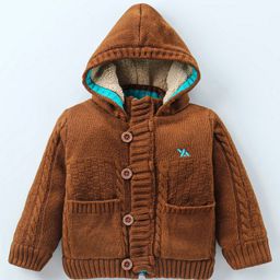 Yellow Apple Knit Full Sleeves Front Open Hooded Sweater Solid Colour - Brown-image-38