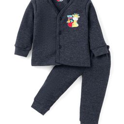 Simply Cotton Knit Full Sleeves Front Open Thermal Vest & Pant Set With Animals Print - Black-image-34