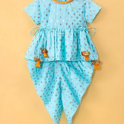 Saka Designs Cotton Half Sleeves Foil Printed Kurti & Patiala Set with Tassle Detailing - Blue-image-86