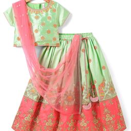 Babyhug Chanderi Woven Short Sleeves Floral Embroidered Choli Lehenga & Dupatta Set- Sea Green-picture-27
