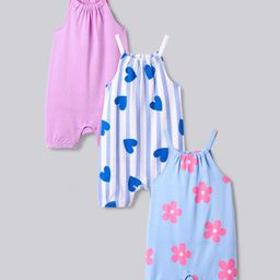 Bonfino Cotton Knit Singlet SleevesRompers With Floral & Heart Print Pack of 3 - Pink White & Blue-image-50
