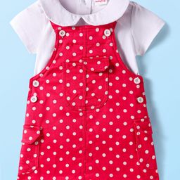 Babyhug Woven Denim Frock & Half Sleeves Peter Pan Collared Inner Tee With Polka Dot Print - Red & White-image-22