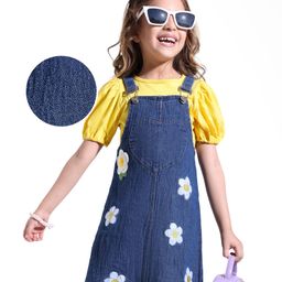 Hola Bonita Cotton Woven Half Puffed Sleeves Inner T-Shirt & Denim Pinafore Dress with Floral Embroidery - Yellow & Navy Blue-picture-26