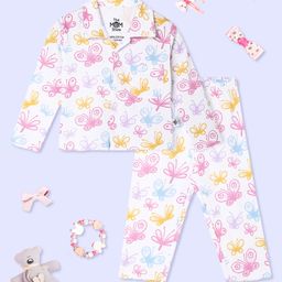 The Mom Store Cotton Knit Full Sleeves Butterflies Printed Coordinating Night Suit Set - White & Pink-image-56