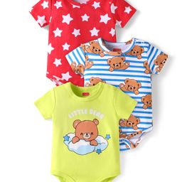 Babyhug 100% Cotton Knit Half Sleeves Onesies with Stripes & Bear Print Pack of 3 - Red Blue & Light Green-image-101