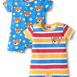 Babyhug Interlock Knit Half Sleeves Romper with Stripes & Animal Print Pack of 2 - Blue & Yellow-image-30
