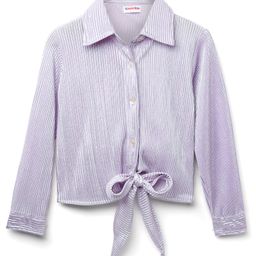 Kookie Kids Woven Full Sleeves Solid Shimmer Front Open Collar Neck Party Top With Knot Detailing - Lavender-image-14