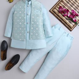 Ahhaaaa Velvet Full Sleeves Solid Kurta With Pant & Embroidered Jacket Set - Turquoise-image-86