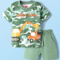 Babyhug Single Jersey Knit Half Sleeves T-Shirt & Shorts Set With Vehicle & Camouflage Print - Green-image-80