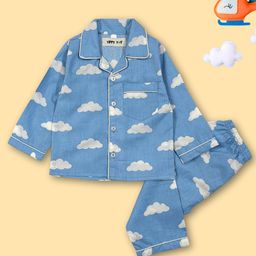 TIPPY TOP Pure Cotton Woven Full Sleeves Clouds Printed Coordinating Night Suit Set - Blue-image-5