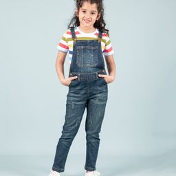 tweeny mini Denim Woven Mild Washed & Distressed Dungaree With Half Sleeves Striped Tee - Dark Blue-image-57