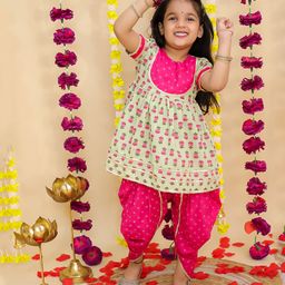 BownBee Cotton Woven Half Sleeves Floral Printed Gota Lace Embellished Dhoti Kurti Set - Green-image-13