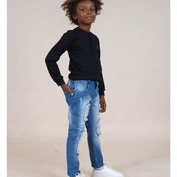 Kiddopanti Cotton Full Sleeves Solid Henley Neck Tee With Denim Jeans - Black & Blue image 4