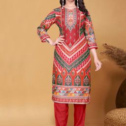 BINDUDI Ethnic Motifs Printed Round Neck Linen Straight Kurta With Trousers-picture-19