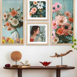 WALLLANE Brown 4 Piece Wood Floral and Botanical Wall Paintings-picture-41