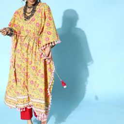 Yufta Yellow Cotton Printed Flared Kaftan-image-0