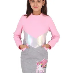 Cutecumber Kids Pink & Grey Color Block Full Sleeves Dress-17