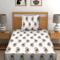 BELLA CASA Cuddle White & Brown Cotton 150 TC Single Bedsheet with 1 Pillow Cover-image-63