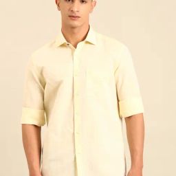 Cavallo by Linen Club Yellow Linen Slim Fit Casual Shirt-image-81