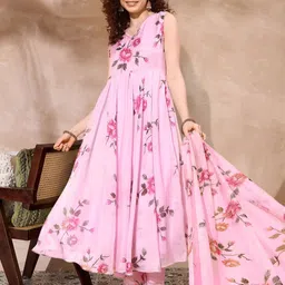 Sangria Floral Printed Organza A-Line Kurta With Trousers & Dupatta-picture-5