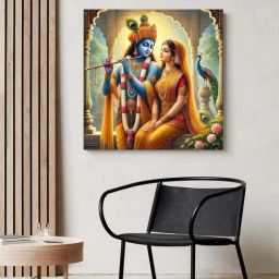 999Store Multicolor Canvas Wrapped Painting Of Krishna Playing Flute With Radha-3